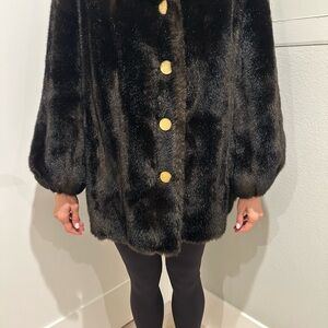 Tissavel of France Black Faux Fur Jacket with Gold Buttons